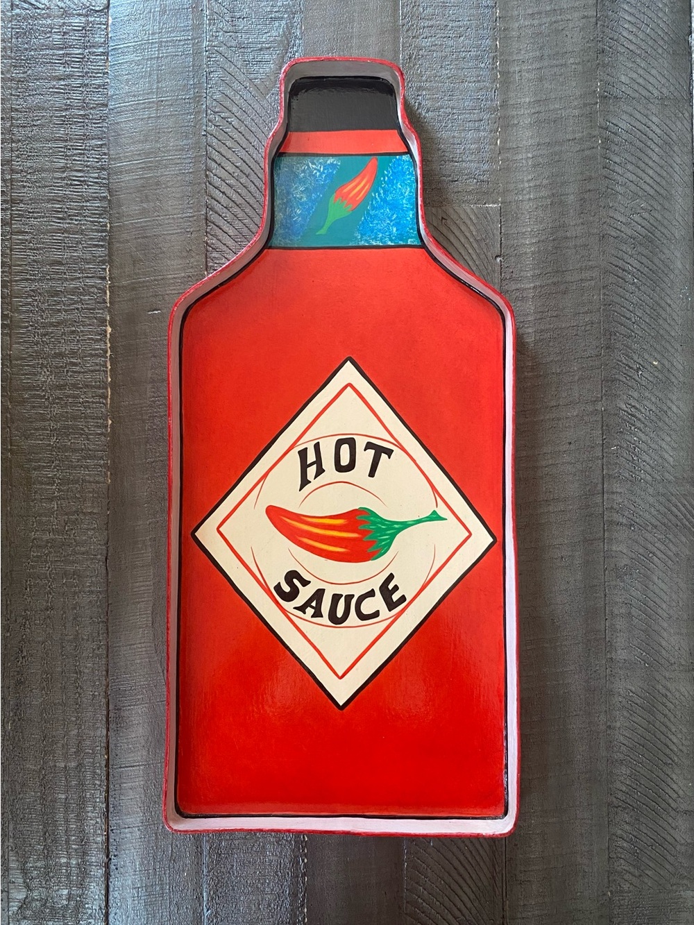 XL Hot Sauce Bottle Tray/Decor 22” hand-painted Hot Red Chili Peppers Tabasco